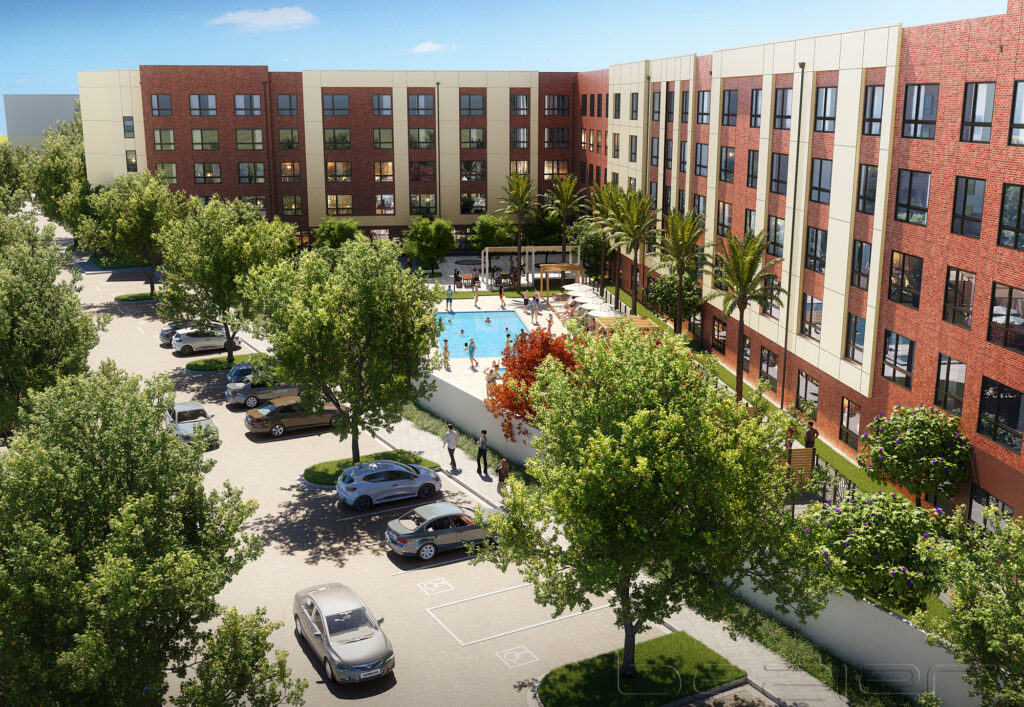 Rendering of apartment community showin outdoor amenities and the poolg